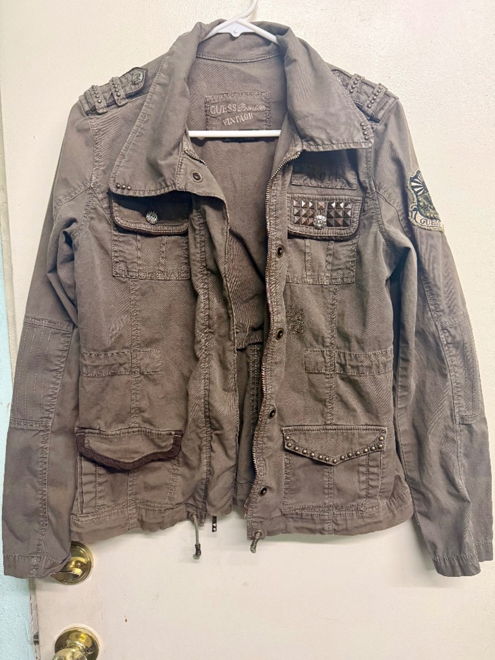 Guess Army Green Studded Utility Jacket | Zip Front Military Style - Picture 2 of 7